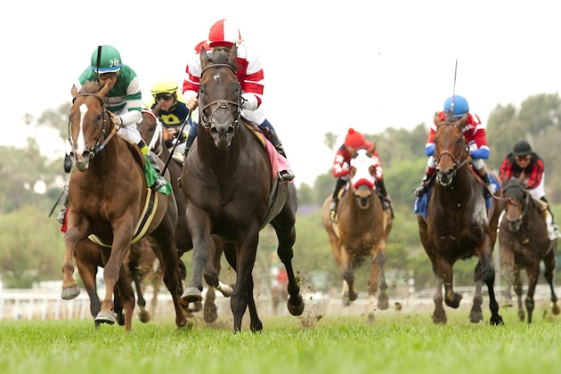 Bal a Bali and jockey Flavien Prat, second from left, win the Grade III $100,000 American Stakes Saturday, May 9, 2015 at Santa Anita Park in Arcadia, Calif.  (Benoit Photo via AP) NO SALES