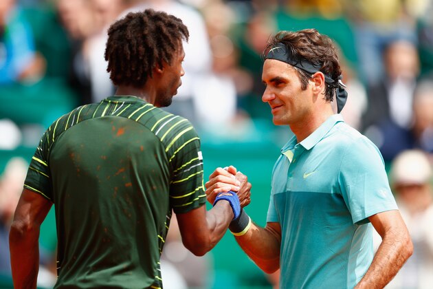 MONTE-CARLO, MONACO - APRIL 16:  Roger Federer of Switzerland congratulates Gael Monfils of France on his win during day five of the Monte Carlo Rolex Masters tennis at the Monte-Carlo Sporting Club on April 16, 2015 in Monte-Carlo, Monaco.  (Photo by Julian Finney/Getty Images)