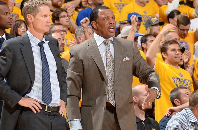 OAKLAND, CA - MAY 5: Steve Kerr and Alvin Gentry of the Golden State Warriors stand on the court during a game against the Memphis Grizzlies in Game Two of the Western Conference Semifinals during the NBA Playoffs on May 5, 2015 at ORACLE Arena in Oakland, California. NOTE TO USER: User expressly acknowledges and agrees that, by downloading and or using this Photograph, user is consenting to the terms and conditions of the Getty Images License Agreement. Mandatory Copyright Notice: Copyright 2015 NBAE (Photo by Noah Graham/NBAE via Getty Images)