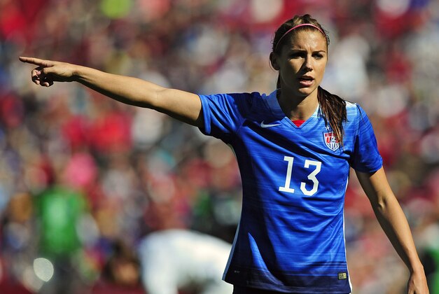 Apr 4, 2015; St. Louis, MO, USA; United States forward Alex Morgan (13) looks on during the first half against New Zealand at Busch Stadium. United States defeated New Zealand 4-0. Mandatory Credit: Jeff Curry-USA TODAY Sports