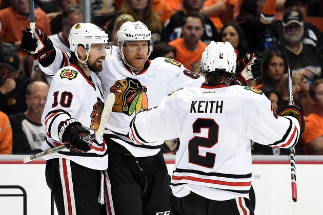 ANAHEIM, CA - MAY 30:  Marian Hossa #81 of the Chicago Blackhawks celebrates his second period goal with Patrick Sharp #10 and Duncan Keith #2 against the Anaheim Ducks in Game Seven of the Western Conference Finals during the 2015 NHL Stanley Cup Playoffs  at the Honda Center on May 30, 2015 in Anaheim, California.  (Photo by Harry How/Getty Images)