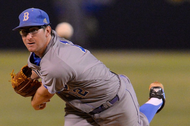 UCLA starting pitcher Grant Watson throws in the second inning of the Los Angeles Regional of the the NCAA college baseball tournament against Maryland in Los Angeles, Saturday, May 30, 2015. (AP Photo/Jayne Kamin-Oncea)