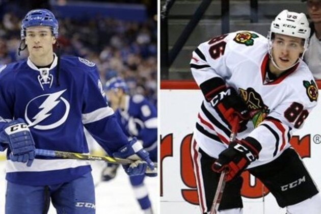 ADVANCE FOR WEEKEND EDITIONS, MAY 15-17 - FILE - At left, in a Dec. 29, 2014, file photo, Tampa Bay Lightning left wing Jonathan Drouin (27) skates before an NHL hockey game against the Toronto Maple Leafs in Tampa, Fla. At right, in an April 11, 2015, file photo, Chicago Blackhawks left wing Teuvo Teravainen skates against the Colorado Avalanche during the first period of an NHL hockey game n Denver. Eight of Anaheim's best players are 24 or younger, and Tampa Bay has the youngest remaining player in the NHL playoffs in 20-year-old winger Jonathan Drouin. The Blackhawks counter with 20-year-old forward Teuvo Teravainen (AP Photo/File)