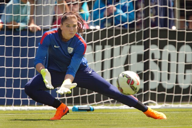 SAN JOSE, CA - MAY 10:  Goal keeper Hope Solo #1 of the United States warms up before an international friendly match against Ireland on May 10, 2015 at Avaya Stadium in San Jose, California.  The U.S. won 3-0.  (Photo by Brian Bahr/Getty Images)