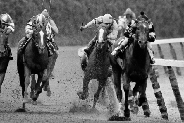 ADVANCE FOR WEEKEND EDITIONS, MAY 30-31 - FILE - In this June 9, 1979, file photo, Coastal, second from right, ridden by Ruben Hernandez, makes the move to pass Spectacular Bid (5), with Ronnie Franklin, on the final turn of the Belmont Stakes horse race in Elmont, N.Y. Spectacular Bid, trying for the Triple Crown, weakened and finished third in the race. (AP Photo/Ron Frehm, File)