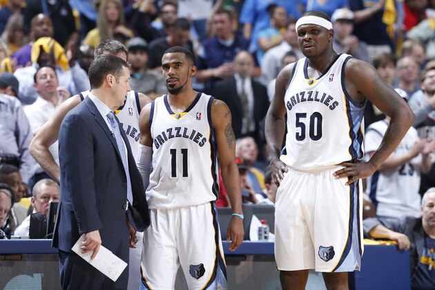 MEMPHIS, TN - MAY 1: Memphis Grizzlies head coach Dave Joerger talks with Mike Conley #11 and Zach Randolph #50 during a break in action against the Oklahoma City Thunder during Game Six of the Western Conference Quarterfinals of the 2014 NBA Playoffs on May 1, 2014 at FedEx Forum in Memphis, Tennessee. The Thunder won 104-84. NOTE TO USER: User expressly acknowledges and agrees that, by downloading and or using this photograph, User is consenting to the terms and conditions of the Getty Images License Agreement. (Photo by Joe Robbins/Getty Images) MEMPHIS, TN - MAY 1: Memphis Grizzlies head coach Dave Joerger talks with Mike Conley #11 and Zach Randolph #50 during a break in action against the Oklahoma City Thunder during Game Six of the Western Conference Quarterfinals of the 2014 NBA Playoffs on May 1, 2014 at FedEx Forum in Memphis, Tennessee. The Thunder won 104-84. NOTE TO USER: User expressly acknowledges and agrees that, by downloading and or using this photograph, User is consenting to the terms and conditions of the Getty Images License Agreement. (Photo by Joe Robbins/Getty Images)