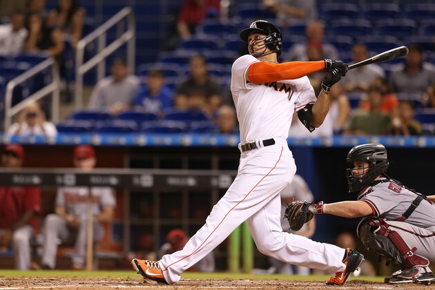 MIAMI, FL - MAY 19: Giancarlo Stanton #27 of the Miami Marlins hits a two run home run during the sixth inning of the game against the Arizona Diamondbacks at Marlins Park on May 19, 2015 in Miami, Florida.  (Photo by Rob Foldy/Getty Images)