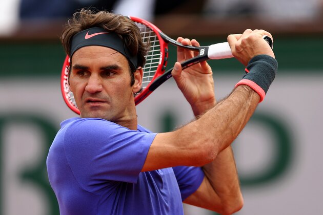PARIS, FRANCE - MAY 29:  Roger Federer of Switzerland in action in his Men's Singles match against Damir Dzumhur of Bosnia and Herzegovina on day six of the 2015 French Open at Roland Garros on May 29, 2015 in Paris, France.  (Photo by Clive Brunskill/Getty Images)