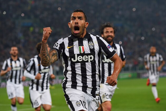TURIN, ENGLAND - MAY 05:  Carlos Tevez of Juventus celebrates as he scores their second goal from a penalty during the UEFA Champions League semi final first leg match between Juventus and Real Madrid CF at Juventus Arena on May 5, 2015 in Turin, Italy.  (Photo by Michael Regan/Getty Images)