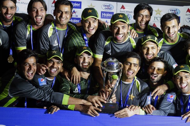 Pakistan's cricket team pose for a photograph with the trophy after winning the ODI series against Zimbabwe by 2-0 during a presentation ceremony at Gaddafi Stadium in Lahore, Pakistan, Sunday, May 31, 2015. (AP Photo/K.M. Chaudary) Pakistan's cricket team pose for a photograph with the trophy after winning the ODI series against Zimbabwe by 2-0 during a presentation ceremony at Gaddafi Stadium in Lahore, Pakistan, Sunday, May 31, 2015. (AP Photo/K.M. Chaudary)