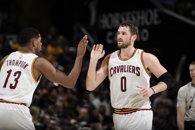 CLEVELAND, OH - FEBRUARY 11:  Kevin Love #0 and Tristan Thompson #13 of the Cleveland Cavaliers during the game against the Miami Heat on February 11, 2015 at Quicken Loans Arena in Cleveland, Ohio. NOTE TO USER: User expressly acknowledges and agrees that, by downloading and/or using this Photograph, user is consenting to the terms and conditions of the Getty Images License Agreement. Mandatory Copyright Notice: Copyright 2015 NBAE (Photo by David Liam Kyle/NBAE via Getty Images)