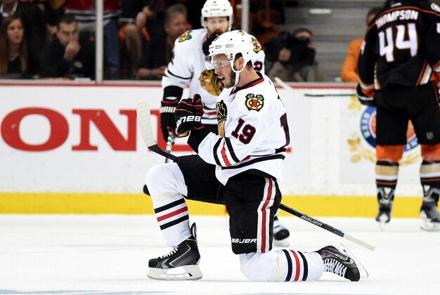 ANAHEIM, CA - MAY 30:  Jonathan Toews #19 of the Chicago Blackhawks celebrates his second goal in the first period against the Anaheim Ducks in Game Seven of the Western Conference Finals during the 2015 NHL Stanley Cup Playoffs  at the Honda Center on May 30, 2015 in Anaheim, California.  (Photo by Harry How/Getty Images)