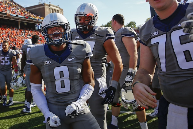 CHAMPAIGN, IL - OCTOBER 25: Dillan Cazley #8 of the Illinois Fighting Illini celebrates after the game against the Minnesota Golden Gophers at Memorial Stadium on October 25, 2014 in Champaign, Illinois.  Illinois defeated Minnesota 28-24. (Photo by Michael Hickey/Getty Images)