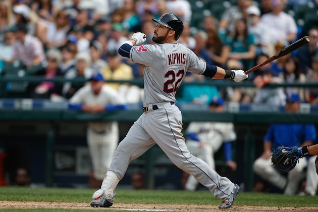 SEATTLE, WA - MAY 31:  Jason Kipnis #22 of the Cleveland Indians hits a game-tying sacrifice fly against the Seattle Mariners in the eighth inning at Safeco Field on May 31, 2015 in Seattle, Washington.  (Photo by Otto Greule Jr/Getty Images)