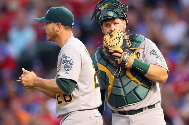 ARLINGTON, TX - MAY 01: Stephen Vogt #21 of the Oakland Athletics talks with Scott Kazmir #26 during the fourth inning against the Texas Rangers at Globe Life Park in Arlington on May 1, 2015 in Arlington, Texas. (Photo by Ronald Martinez/Getty Images) ARLINGTON, TX - MAY 01: Stephen Vogt #21 of the Oakland Athletics talks with Scott Kazmir #26 during the fourth inning against the Texas Rangers at Globe Life Park in Arlington on May 1, 2015 in Arlington, Texas. (Photo by Ronald Martinez/Getty Images)