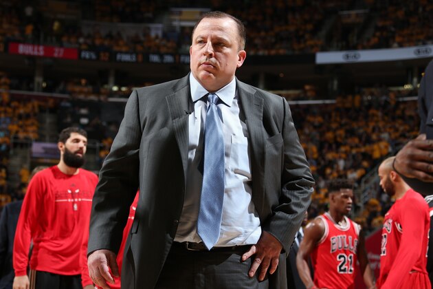 CLEVELAND, OH - MAY 4:  Head coach Tom Thibodeau of the Chicago Bulls in Game One of the Eastern Conference Semifinals against the Cleveland Cavaliers during the 2015 NBA Playoffs on May 4, 2015 at Quicken Loans Arena in Cleveland, Ohio.  NOTE TO USER: User expressly acknowledges and agrees that, by downloading and or using this Photograph, user is consenting to the terms and conditions of the Getty Images License Agreement. Mandatory Copyright Notice: Copyright 2015 NBAE (Photo by Nathaniel S. Butler/NBAE via Getty Images)