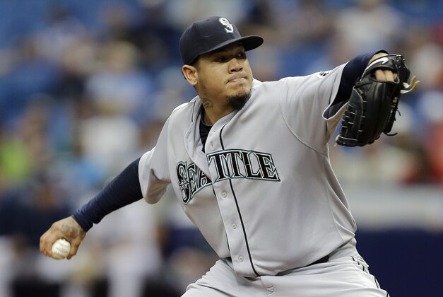 Seattle Mariners starting pitcher Felix Hernandez delivers to the Tampa Bay Rays during the ninth inning of a baseball game Wednesday, May 27, 2015, in St. Petersburg, Fla.  Hernandez pitched a complete game shut out of the Rays in the Mariners 3-0 win. (AP Photo/Chris O'Meara)