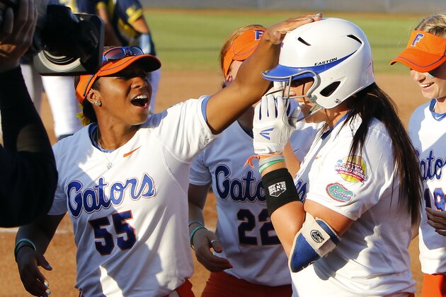 Florida outfielder Briana Little (55) pats pitcher Lauren Haeger (17) on the head after she hit a home run in the first inning during the NCAA Women's College World Series Championship against Michigan in Oklahoma City, Monday, June 1, 2015. (AP Photo/Alonzo Adams)
