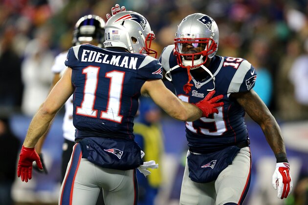 FOXBORO, MA - JANUARY 10:  Brandon LaFell #19 of the New England Patriots celebrates his four quarter touchdown with  Julian Edelman #11 against the Baltimore Ravens during the 2015 AFC Divisional Playoffs game at Gillette Stadium on January 10, 2015 in Foxboro, Massachusetts.  (Photo by Maddie Meyer/Getty Images)