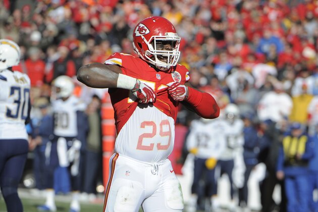 Dec 28, 2014; Kansas City, MO, USA; Kansas City Chiefs outside linebacker Justin Houston (50) celebrates after a sack against the San Diego Chargers in the first half at Arrowhead Stadium. Mandatory Credit: John Rieger-USA TODAY Sports