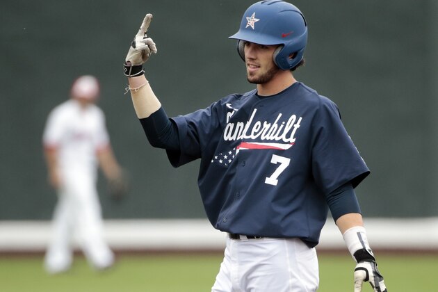Vanderbilt's Dansby Swanson celebrates on second base after hitting a double against Radford in the first inning of an NCAA regional college baseball game Monday, June 1, 2015, in Nashville, Tenn. (AP Photo/Mark Humphrey)