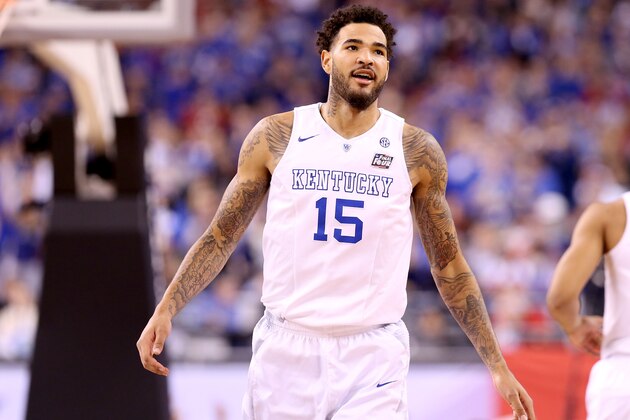 INDIANAPOLIS, IN - APRIL 04: Willie Cauley-Stein #15 of the Kentucky Wildcats reacts after a dunk in the first half against the Wisconsin Badgers during the NCAA Men's Final Four Semifinal at Lucas Oil Stadium on April 4, 2015 in Indianapolis, Indiana.  (Photo by Streeter Lecka/Getty Images)
