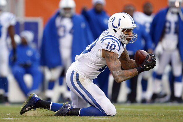 Indianapolis Colts wide receiver Donte Moncrief (10) makes a catch against the Cleveland Browns during an NFL football game on Sunday, Dec. 7, 2014, in Cleveland. The Colts won 25-24. (Jeff Haynes/AP Images for Panini) Indianapolis Colts wide receiver Donte Moncrief (10) makes a catch against the Cleveland Browns during an NFL football game on Sunday, Dec. 7, 2014, in Cleveland. The Colts won 25-24. (Jeff Haynes/AP Images for Panini)