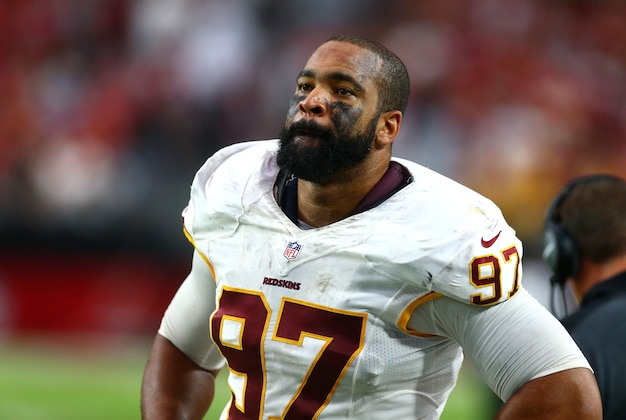 Oct 12, 2014; Glendale, AZ, USA; Washington Redskins defensive end Jason Hatcher (97) against the Arizona Cardinals at University of Phoenix Stadium. The Cardinals defeated the Redskins 30-20. Mandatory Credit: Mark J. Rebilas-USA TODAY Sports