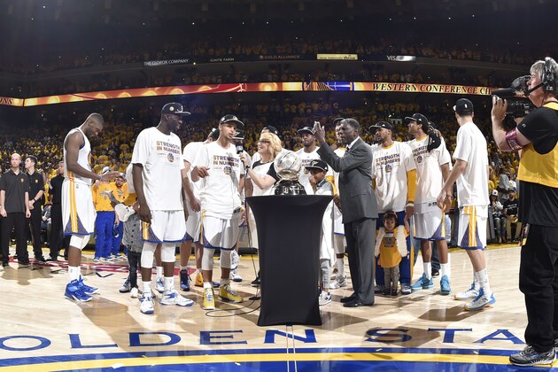 OAKLAND, CA - MAY 27: Stephen Curry #30 of the Golden State Warriors speaks to the fans after winning the Western Conference Championship in Game Five of the Western Conference Finals during the 2015 NBA Playoffs against the Houston Rockets on May 27, 2015 at ORACLE Arena in Oakland, California. NOTE TO USER: User expressly acknowledges and agrees that, by downloading and or using this Photograph, user is consenting to the terms and conditions of the Getty Images License Agreement. Mandatory Copyright Notice: Copyright 2015 NBAE (Photo by Andrew D. Bernstein/NBAE via Getty Images)