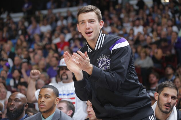 SACRAMENTO, CA - APRIL 13: Nik Stauskas #10 of the Sacramento Kings celebrates during a game against the Los Angeles Lakers on April 13, 2015 at Sleep Train Arena in Sacramento, California. NOTE TO USER: User expressly acknowledges and agrees that, by downloading and or using this Photograph, user is consenting to the terms and conditions of the Getty Images License Agreement. Mandatory Copyright Notice: Copyright 2015 NBAE (Photo by Rocky Widner/NBAE via Getty Images)