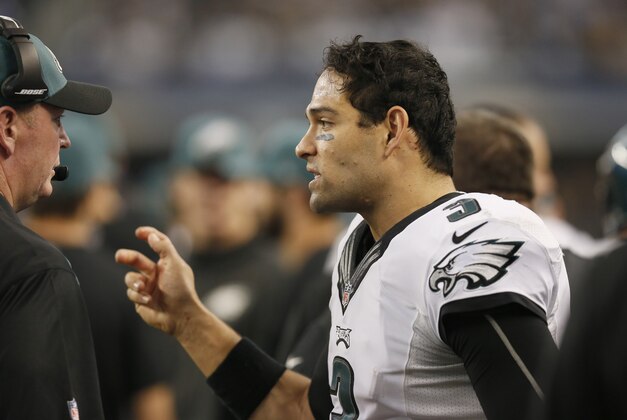 Nov 27, 2014; Arlington, TX, USA; Philadelphia Eagles quarterback Mark Sanchez (3) on the sidelines against the Dallas Cowboys at AT&T Stadium. Mandatory Credit: Matthew Emmons-USA TODAY Sports