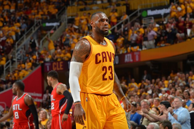 CLEVELAND,OH - MAY 26: LeBron James #23 of the Cleveland Cavaliers looks on against the Atlanta Hawks at the Quicken Loans Arena During Game Four of the Eastern Conference Finals during the 2015 NBA Playoffs on May 26, 2015 in Cleveland,Ohio NOTE TO USER: User expressly acknowledges and agrees that, by downloading and/or using this Photograph, user is consenting to the terms and conditions of the Getty Images License Agreement. Mandatory Copyright Notice: Copyright 2015 NBAE (Photo by Jesse D. Garrabrant/NBAE via Getty Images) CLEVELAND,OH - MAY 26: LeBron James #23 of the Cleveland Cavaliers looks on against the Atlanta Hawks at the Quicken Loans Arena During Game Four of the Eastern Conference Finals during the 2015 NBA Playoffs on May 26, 2015 in Cleveland,Ohio NOTE TO USER: User expressly acknowledges and agrees that, by downloading and/or using this Photograph, user is consenting to the terms and conditions of the Getty Images License Agreement. Mandatory Copyright Notice: Copyright 2015 NBAE (Photo by Jesse D. Garrabrant/NBAE via Getty Images)