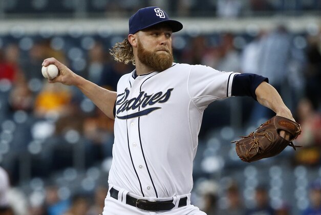 San Diego Padres starting pitcher Andrew Cashner works against the New York Mets in the first inning of a baseball game Monday, June 1, 2015, in San Diego.  (AP Photo/Lenny Ignelzi)