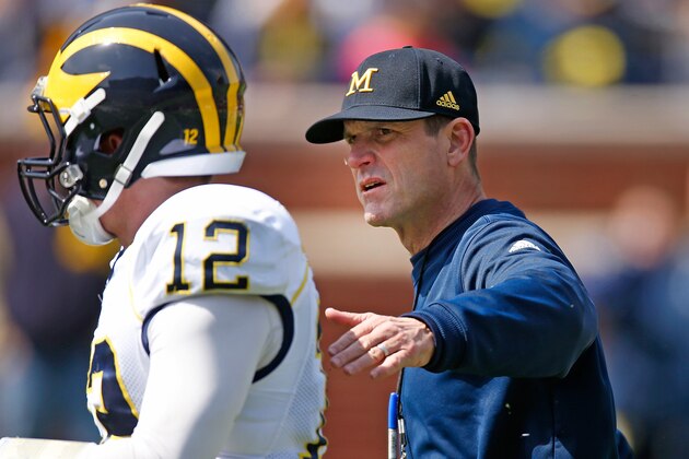 ANN ARBOR, MI - APRIL 04: Head coach Jim Harbaugh of the Michigan Wolverines talks with Alex Malzone #12 during the Michigan Football Spring Game on April 4, 2015 at Michigan Stadium in Ann Arbor, Michigan.  (Photo by Gregory Shamus/Getty Images)
