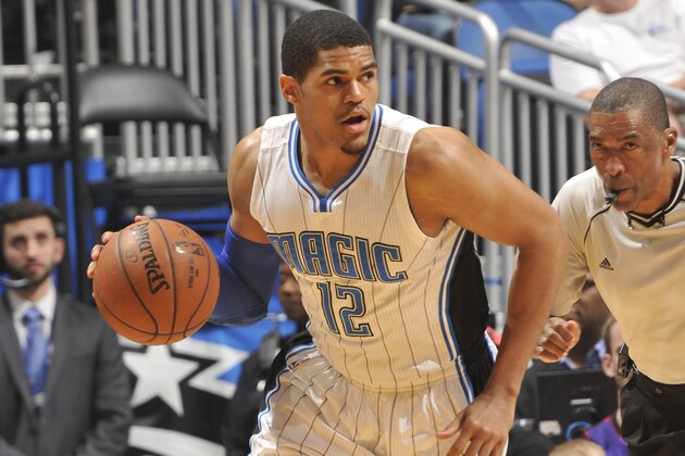ORLANDO, FL - APRIL 10:  Tobias Harris #12 of the Orlando Magic handles the ball against the Toronto Raptors on April 10, 2015 at Amway Center in Orlando, Florida. NOTE TO USER: User expressly acknowledges and agrees that, by downloading and or using this photograph, User is consenting to the terms and conditions of the Getty Images License Agreement. Mandatory Copyright Notice: Copyright 2015 NBAE (Photo by Fernando Medina/NBAE via Getty Images)