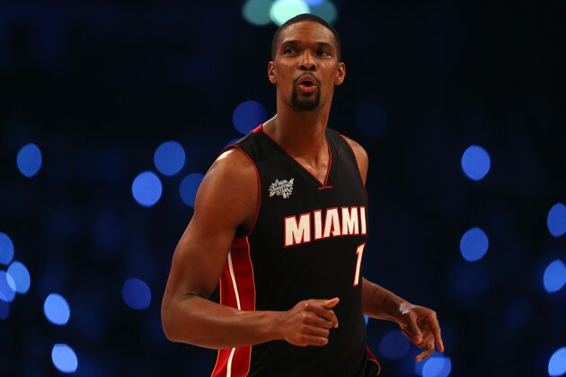 NEW YORK, NY - FEBRUARY 14:  Chris Bosh #1 of the Miami Heat and the Eastern Conference competes during the Degree Shooting Stars Competition as part of the 2015 NBA Allstar Weekend at Barclays Center on February 14, 2015 in the Brooklyn borough of New York City. NOTE TO USER: User expressly acknowledges and agrees that, by downloading and or using this photograph, User is consenting to the terms and conditions of the Getty Images License Agreement.  (Photo by Elsa/Getty Images)