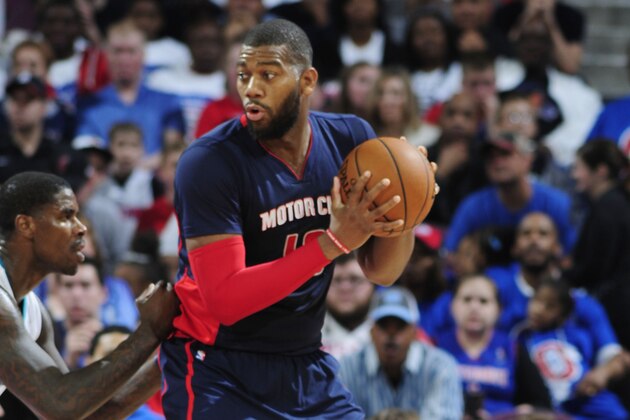 DETROIT, MI - APRIL 12: Greg Monroe #10 of the Detroit Pistons during the game against the Charlotte Hornets on April 12, 2015 at The Palace of Auburn in Detroit, Michigan. NOTE TO USER: User expressly acknowledges and agrees that, by downloading and/or using this photograph, User is consenting to the terms and conditions of the Getty Images License Agreement. Mandatory Copyright Notice: Copyright 2015 NBAE (Photo by Allen Einstein/NBAE via Getty Images)