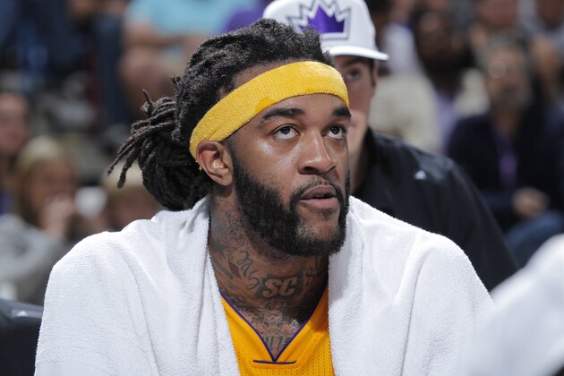 SACRAMENTO, CA - APRIL 13: Jordan Hill #27 of the Los Angeles Lakers looks on during the game against the Sacramento Kings on April 13, 2015 at Sleep Train Arena in Sacramento, California. NOTE TO USER: User expressly acknowledges and agrees that, by downloading and or using this photograph, User is consenting to the terms and conditions of the Getty Images Agreement. Mandatory Copyright Notice: Copyright 2015 NBAE (Photo by Rocky Widner/NBAE via Getty Images)