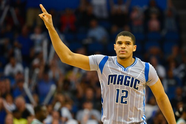 Mar 8, 2015; Orlando, FL, USA; Orlando Magic forward Tobias Harris (12) reacts after hitting a thee point shot during the second half against the Boston Celtics at Amway Center. Orlando Magic defeated Boston Celtics 103-98. Mandatory Credit: Tommy Gilligan-USA TODAY Sports
