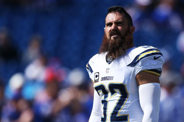 ORCHARD PARK, NY - SEPTEMBER 21:   Eric Weddle #32 of the San Diego Chargers warms up before the game against the Buffalo Bills at Ralph Wilson Stadium on September 21, 2014 in Orchard Park, New York.  (Photo by Tom Szczerbowski/Getty Images)