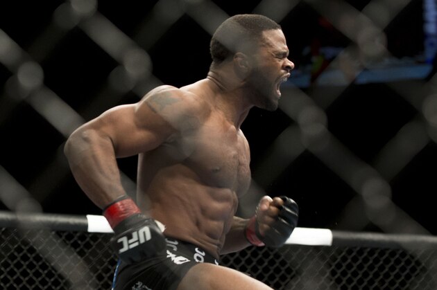 Tyron Woodley his first round KO victory over Jay Hieron during their UFC 156 welterweight mixed martial arts match, Saturday, Feb. 2, 2013 at The Mandalay Bay Resort & Casino in Las Vegas. (AP Photo/Eric Jamison)
