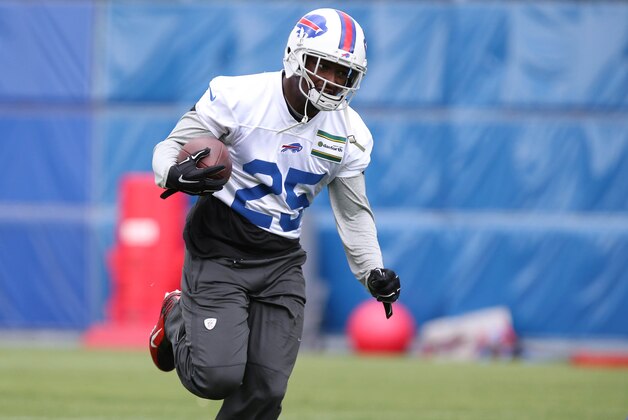 May 26, 2015; Orchard Park, NY, USA; Buffalo Bills running back LeSean McCoy (25) runs with the ball during the organized team activities at the ADPRO Sports Training Center. Mandatory Credit: Kevin Hoffman-USA TODAY Sports