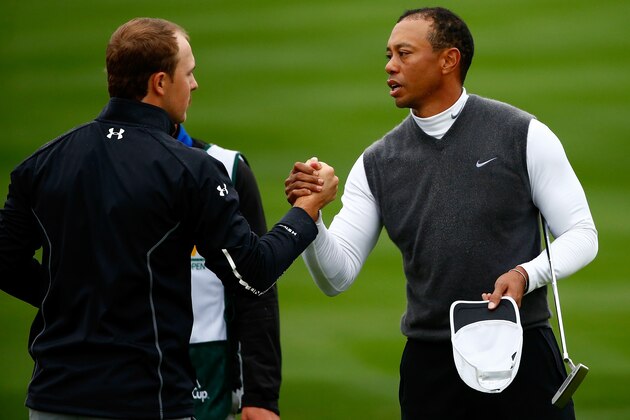 SCOTTSDALE, AZ - JANUARY 30: Tiger Woods shakes hands with Jordan Spieth after their second round of the Waste Management Phoenix Open at TPC Scottsdale on January 30, 2015 in Scottsdale, Arizona.  (Photo by Sam Greenwood/Getty Images)