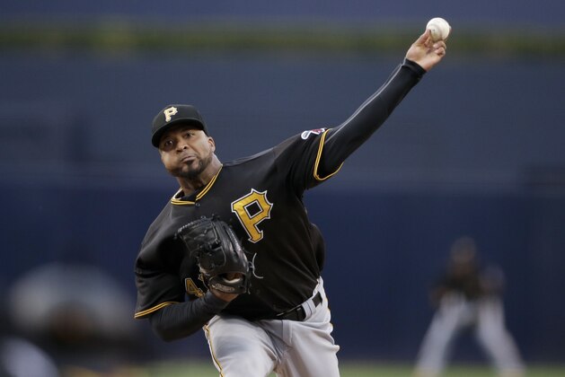 Pittsburgh Pirates starting pitcher Francisco Liriano works against a San Diego Padres batter during the first inning of a baseball game Friday, May 29, 2015, in San Diego. (AP Photo/Gregory Bull)