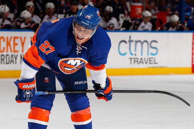 UNIONDALE, NY - APRIL 11:  Anders Lee #27 of the New York Islanders skates against the Columbus Blue Jackets at Nassau Veterans Memorial Coliseum on April 11, 2015 in Uniondale, New York. The Columbus Blue Jackets defeated the New York Islanders 5-4 in a shootout.  (Photo by Mike Stobe/NHLI via Getty Images)