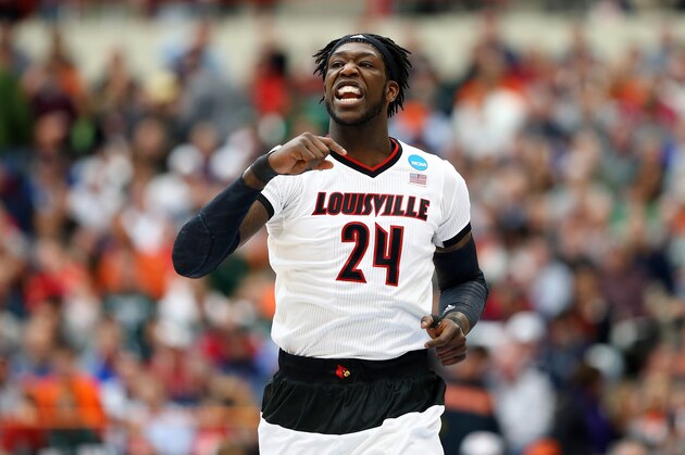 SYRACUSE, NY - MARCH 29:  Montrezl Harrell #24 of the Louisville Cardinals reacts in the first half of the game against the Michigan State Spartans during the East Regional Final of the 2015 NCAA Men's Basketball Tournament at Carrier Dome on March 29, 2015 in Syracuse, New York.  (Photo by Maddie Meyer/Getty Images)