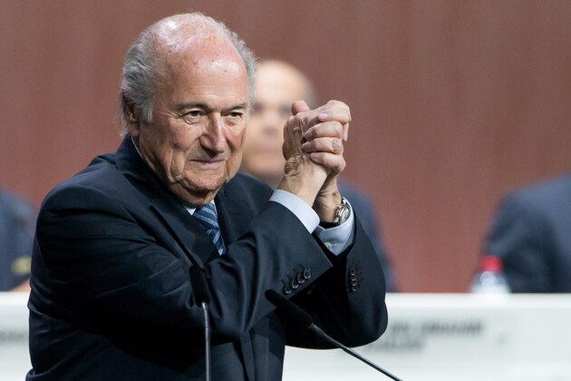 ZURICH, SWITZERLAND - MAY 29: FIFA President Joseph S. Blatter celebrates his election during the 65th FIFA Congress at Hallenstadion on May 29, 2015 in Zurich, Switzerland. (Photo by Philipp Schmidli/Getty Images)