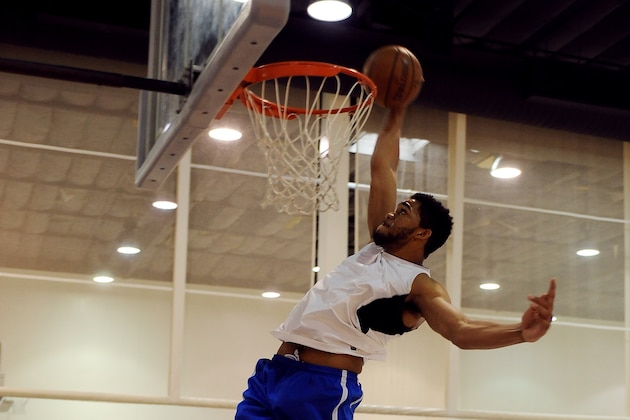 THOUSAND OAKS, CA - MAY 28:  NBA Draft Prospect, Karl-Anthony Towns works out on May 28, 2015 at The Spectrum Club/Pro Active Sports Performance Lab in Thousand Oaks, California. NOTE TO USER: User expressly acknowledges and agrees that, by downloading and/or using this Photograph, user is consenting to the terms and conditions of the Getty Images License Agreement. Mandatory Copyright Notice: Copyright 2015 NBAE (Photo by Juan Ocampo/NBAE via Getty Images)