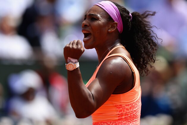 PARIS, FRANCE - JUNE 03:  Serena Williams of the United States celebrates a point in her Women's quarter final match against Sara Errani of Italy on day eleven of the 2015 French Open at Roland Garros on June 3, 2015 in Paris, France.  (Photo by Clive Brunskill/Getty Images)
