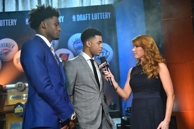 NEW YORK - MAY 19: Heather Cox of ESPN speaks to Draft Prospects Justise Winslow and D'Angelo Russell prior to the 2015 NBA Draft Lottery reception on May 19, 2015 at the New York Hilton Midtown in New York City.  NOTE TO USER: User expressly acknowledges and agrees that, by downloading and/or using this photograph, user is consenting to the terms and conditions of the Getty Images License Agreement. Mandatory Copyright Notice: Copyright 2015 NBAE (Photo by Jesse D. Garrabrant/NBAE via Getty Images)